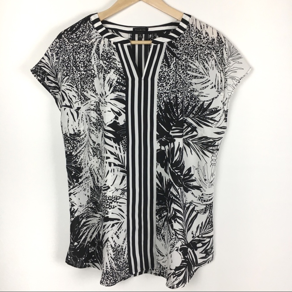 Talbots Black & White Tropical Palm Leaf Print Split V-Neck Blouse Top Shirt M - Picture 2 of 7